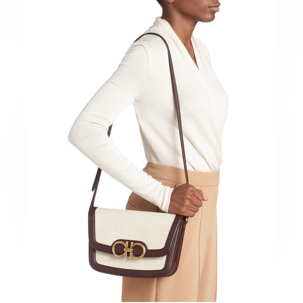 NEW🔥FERRAGAMO Trapezio Canvas & Leather Crossbody Bag🔥 - Picture 3 of 16